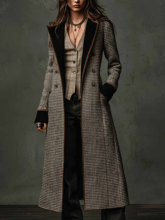 Vintage Plaid Wool-Blend Velvet Lapel Long Coat