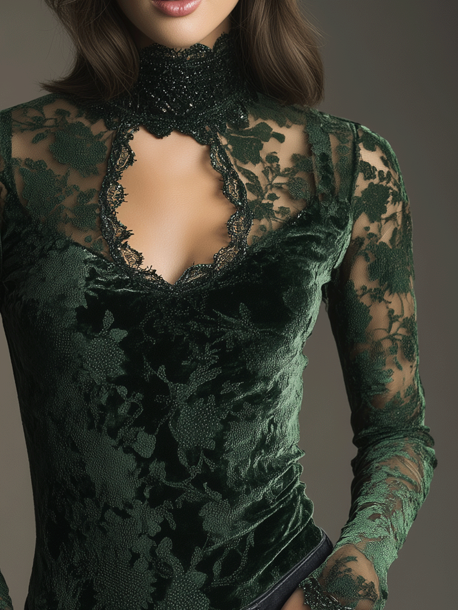 Bohemian Luxury Emerald Green Velvet Lace Tulle Shirt