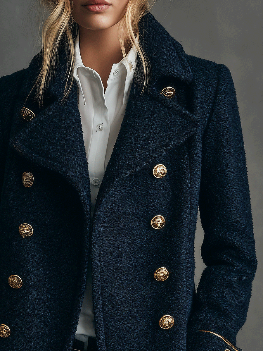 Classic Navy Wool-Blend Double-Breasted Peacoat Gold Buttons Coat