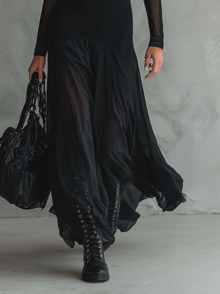 Retro Sheer Sleeves Maxi Dress