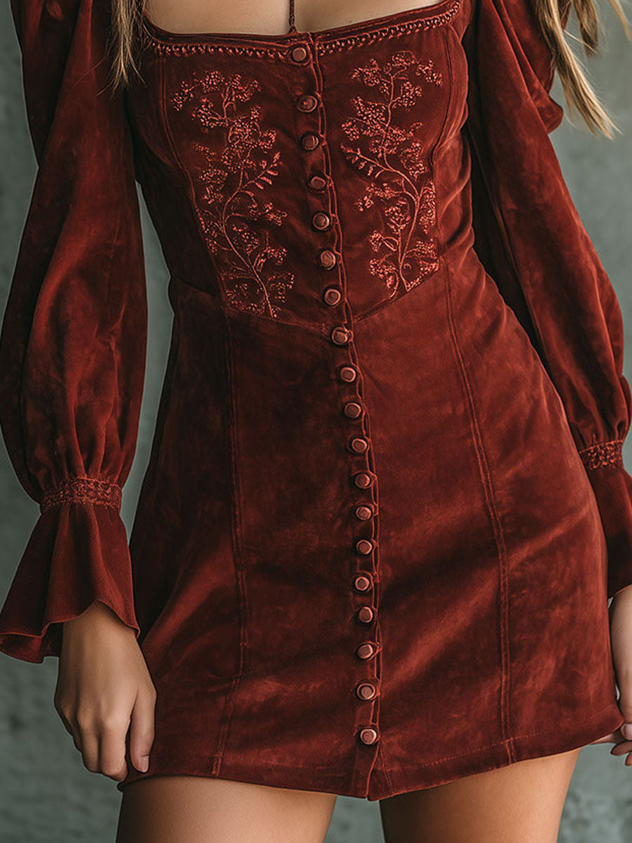 Vintage Rust Red Square Neck Embroidered Button-Front Mini Dress