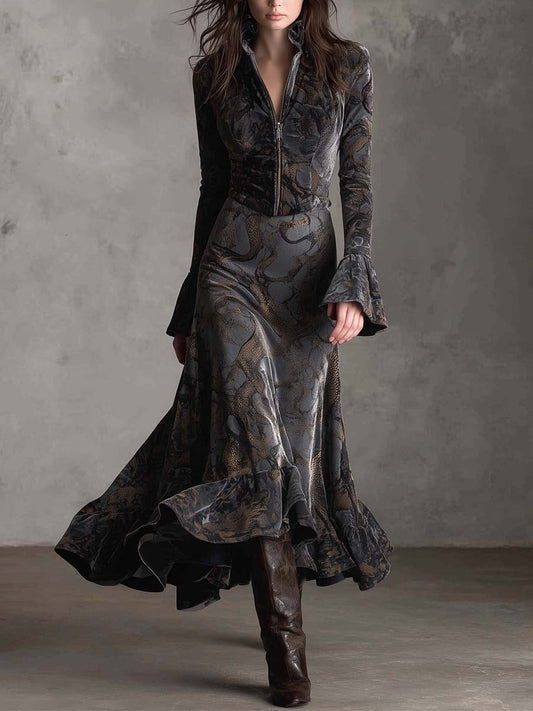 Vintage Snake-Print Velvet Maxi Dress