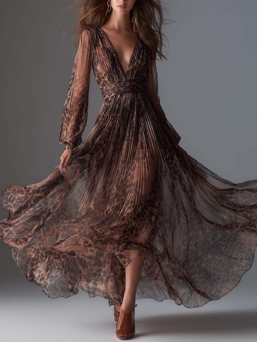 Leopard Chiffon Pleated Maxi Dress