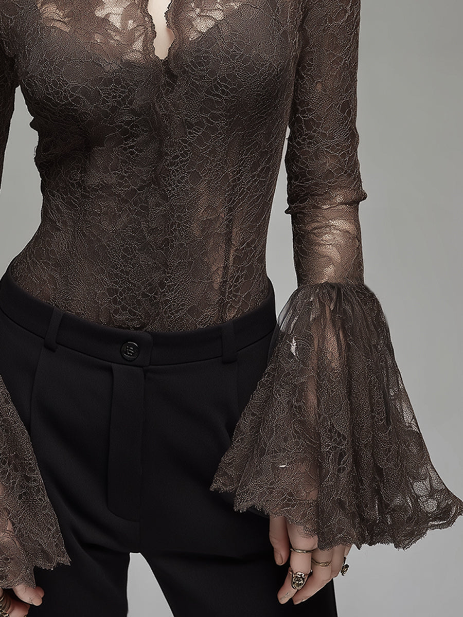 Lace Flared-sleeve Blouse With A Tie-neck Detail