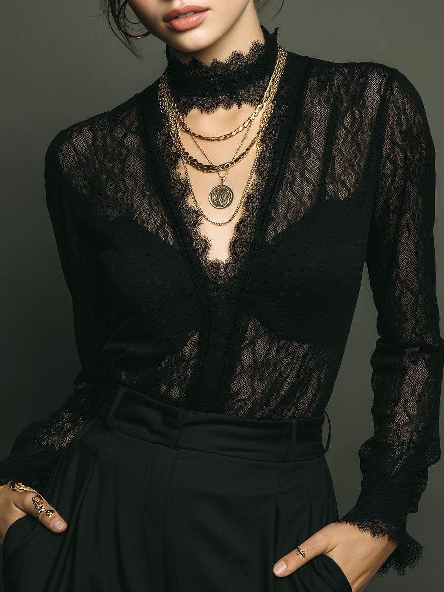 Sheer Black Lace Deep V Blouse – Vintage Gothic Long Sleeve Shirt With Scalloped Trim