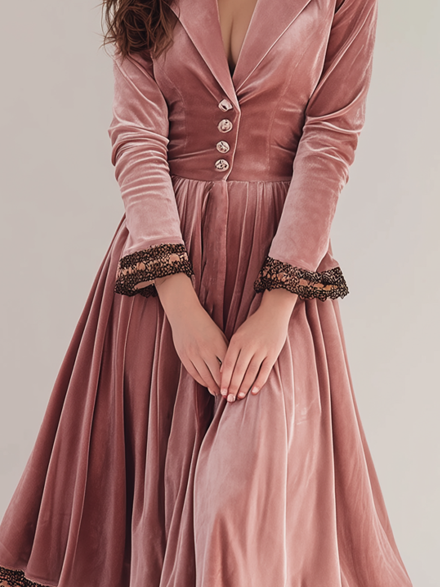 Vintage Lace-trimmed Polyester Velvet Midi Dress