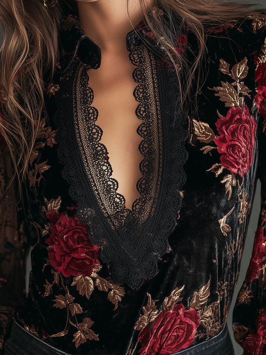 Retro Lace Stitching Velvet Rose Print Lantern Sleeves Blouse