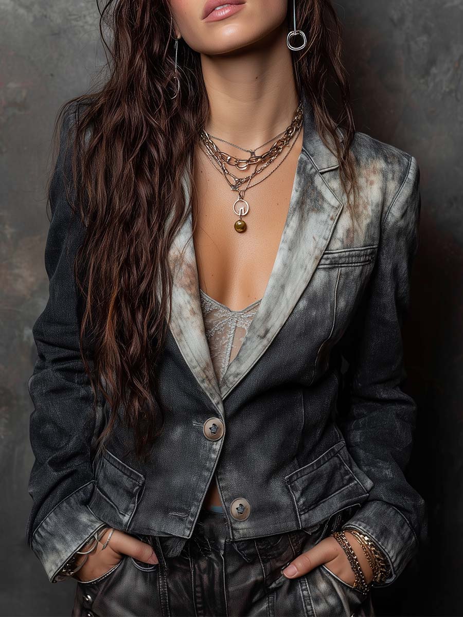 Shadow-Wash Cropped Denim Blazer