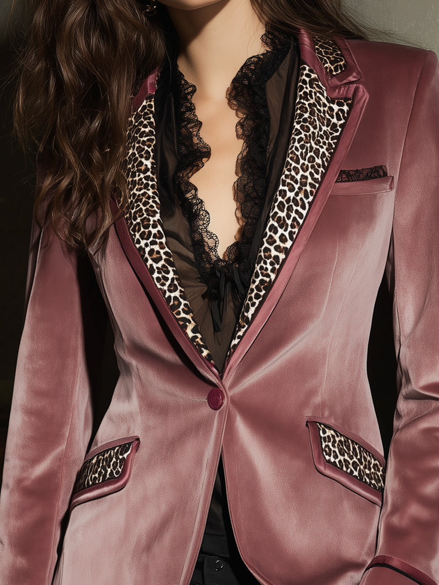 Quiet Luxury Leopard Print Splicing Polyester Velvet Slim Fit Blazer