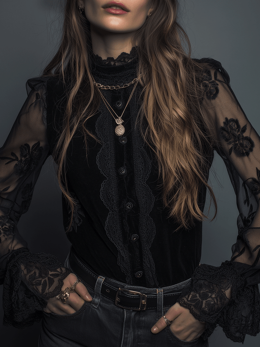 Romantic Elegance Black Lace Sheer Bell-Sleeve Blouse