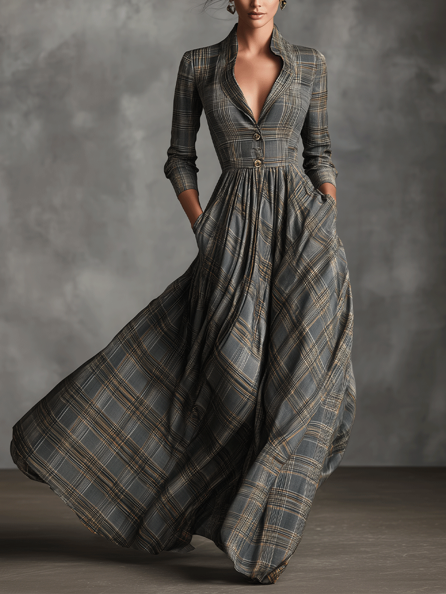 Women's Grey Sophisticated Tartan - Patterned Linen - Blend Flared Maxi Dress