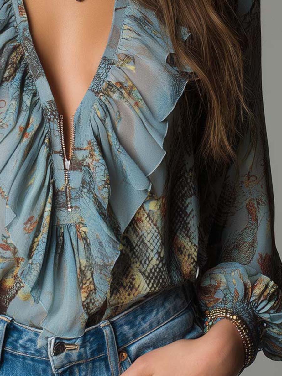 Printed Ruffled Zip-Front Chiffon Blouse – Mist Blue Snake Floral