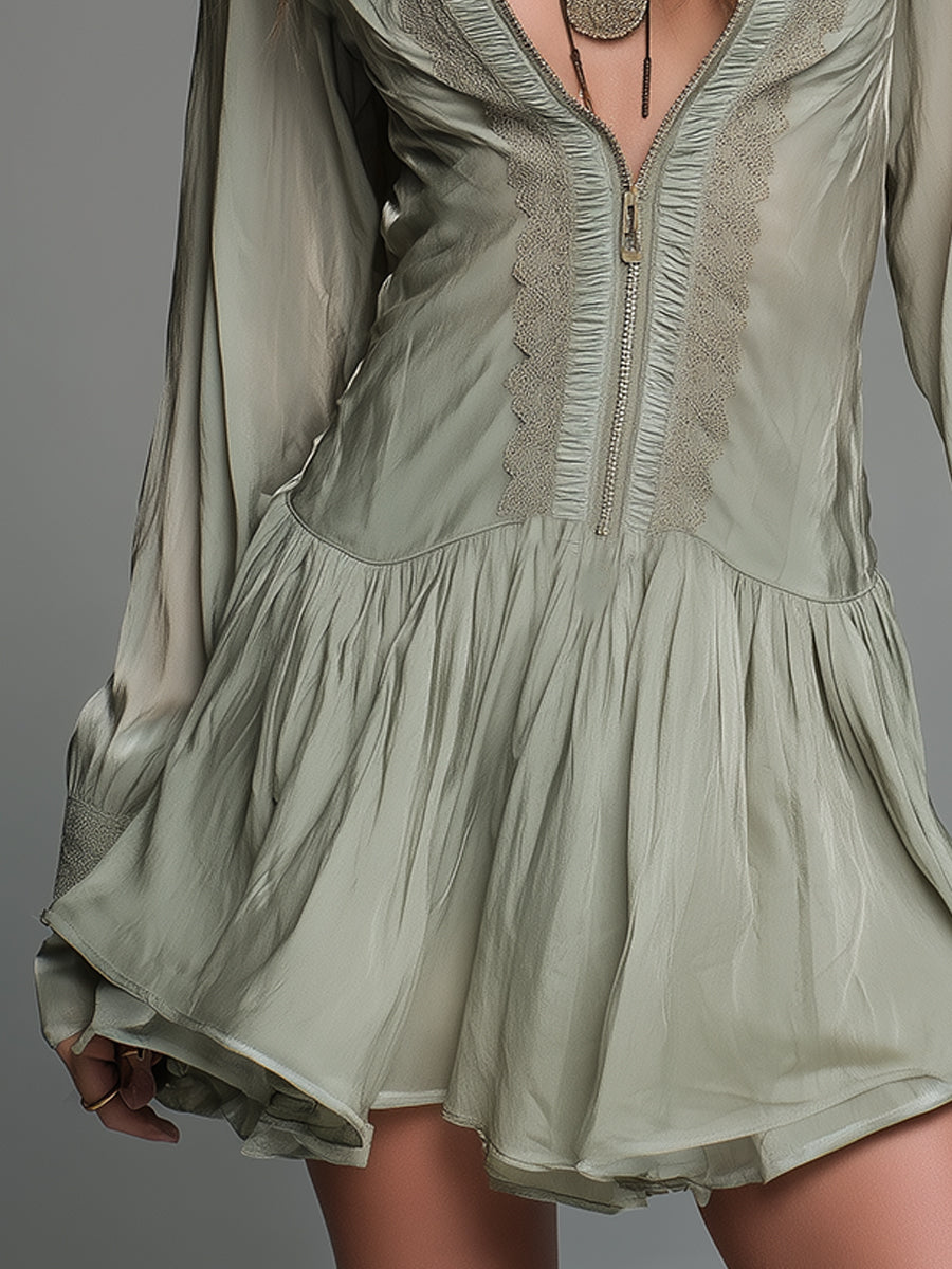 Bohemian Style Chiffon Mini Dress With Ruffled Hem And Lace Trim