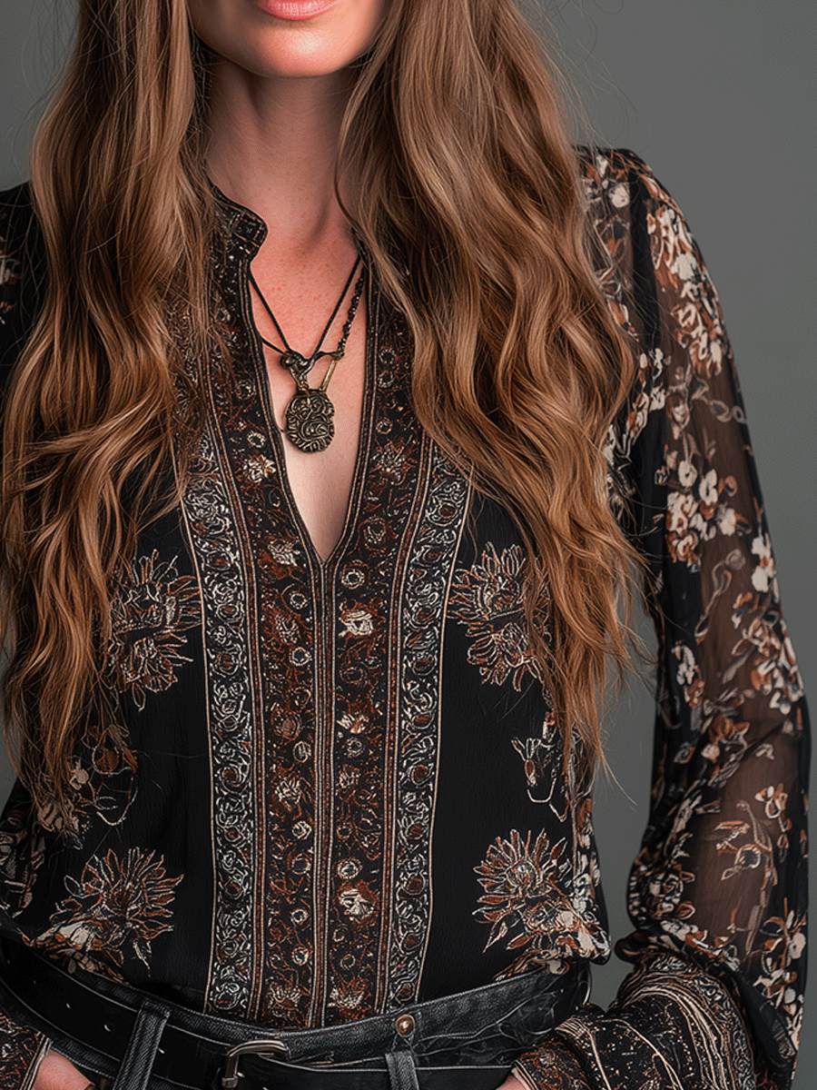 Vintage Sheer Boho Noir Floral Blouse