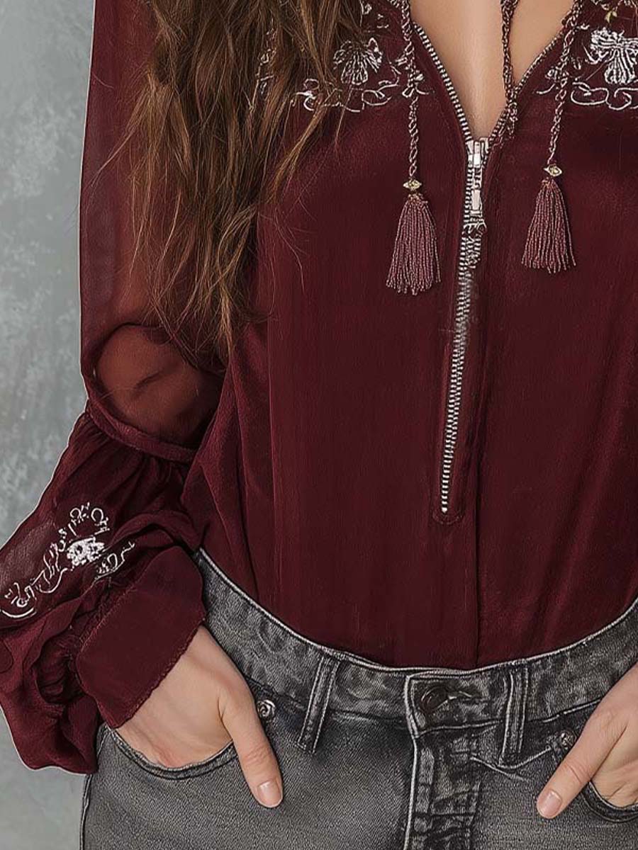 Embroidered Boho Zip-Front Chiffon Blouse