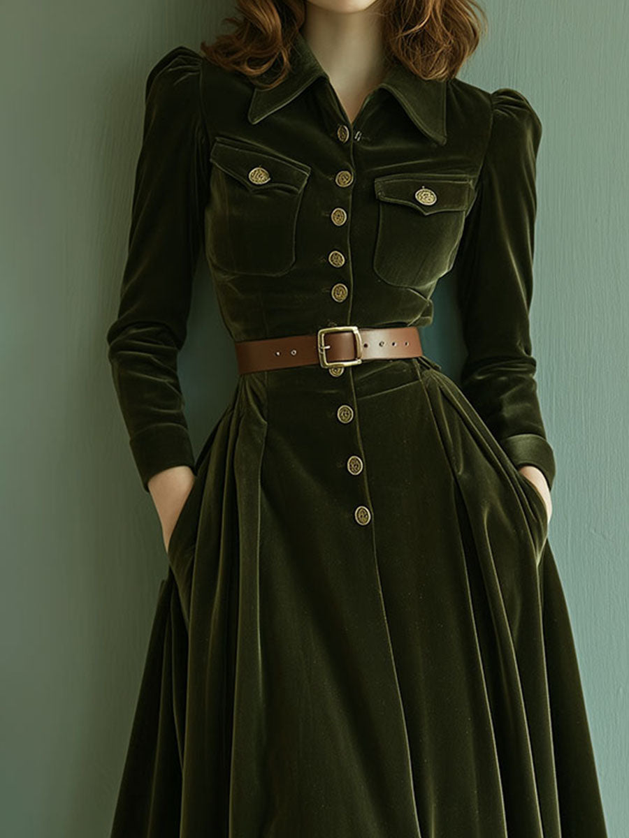 Vintage A-Line Long Sleeve Velvet Midi Dress With Pockets