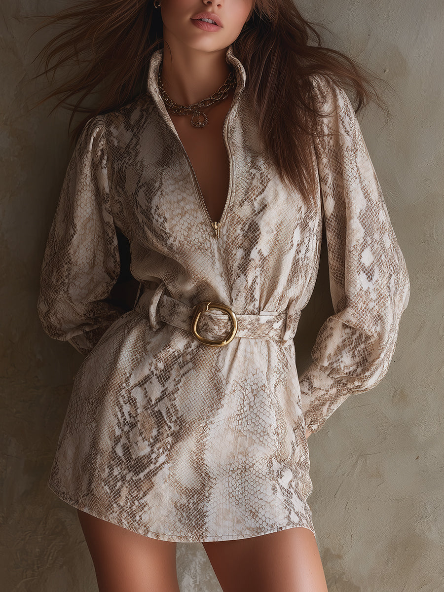 Stylish Snake Print Polyester Suede Mini Dress With Belt