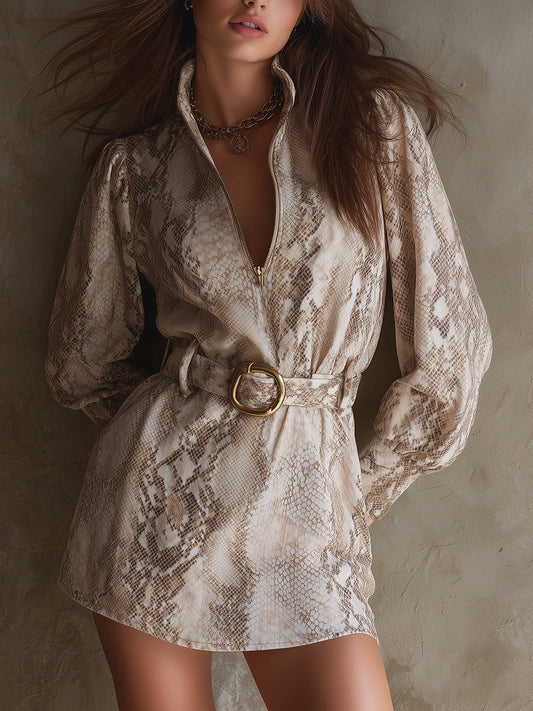 Stylish Snake Print Polyester Suede Mini Dress With Belt