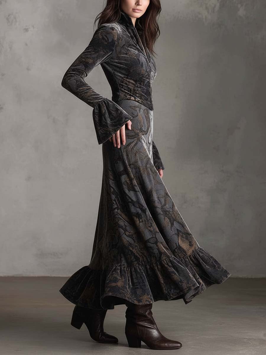 Vintage Snake-Print Velvet Maxi Dress