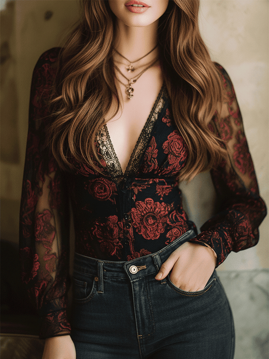 Vintage Rose Floral Lace Sheer Long-Sleeve Blouse