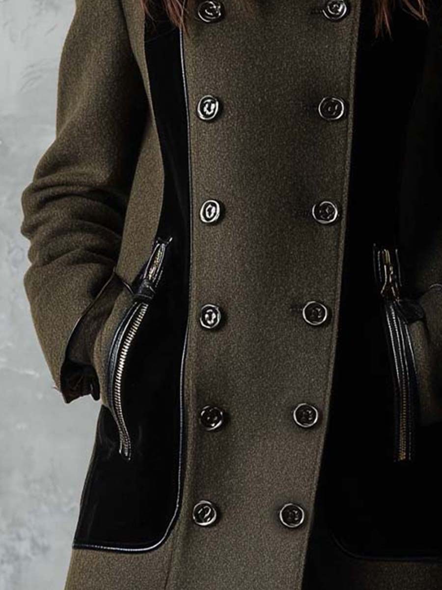 Military Green Wool-Blend Coat With Black Contrast Panels
