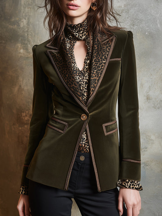 Quiet Luxury Leopard Print Stitching Polyester Velvet Blazer