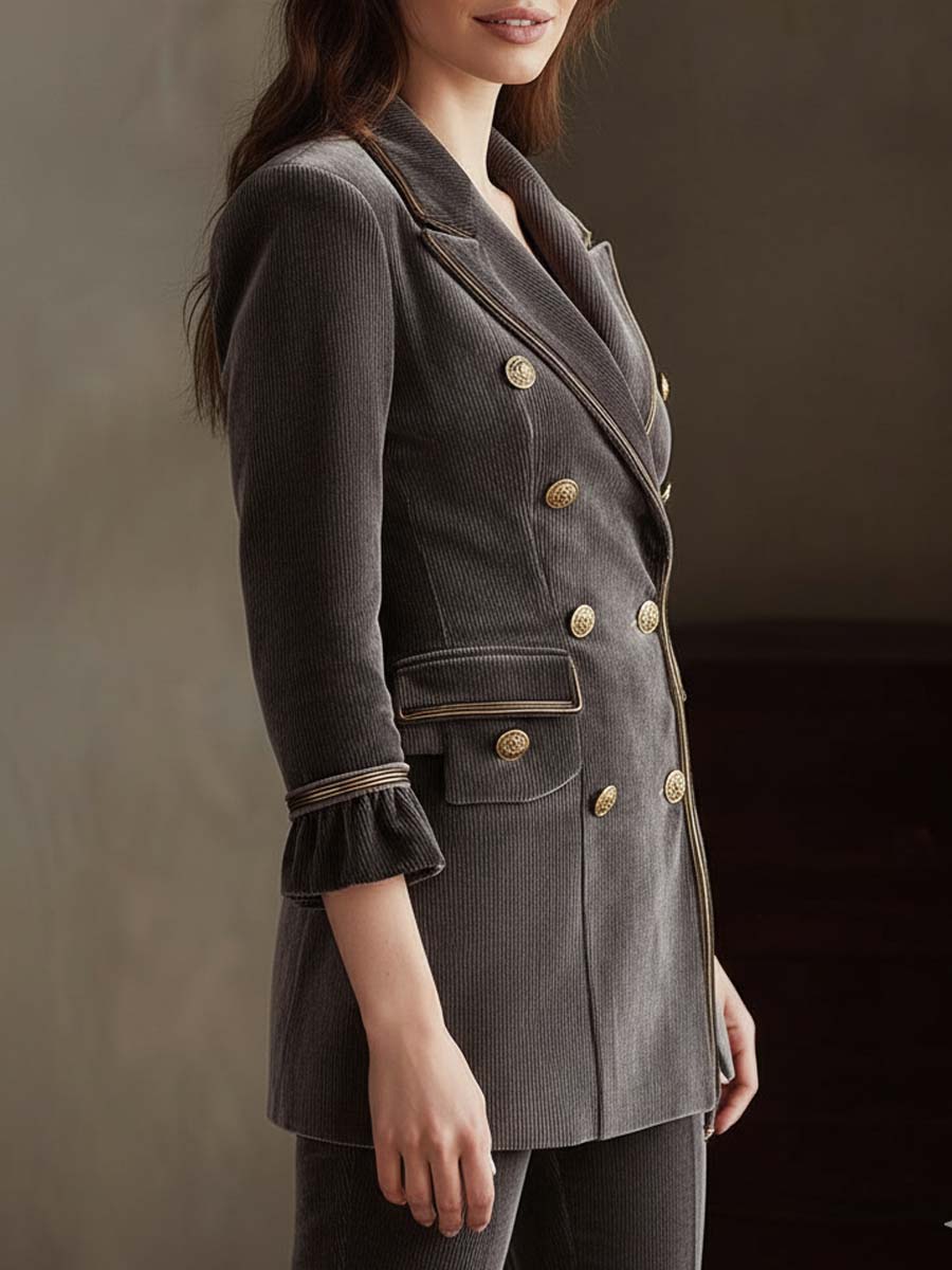 Corduroy Velvet Double-Breasted Blazer With Gold Trim