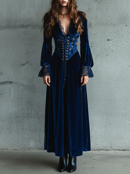 Deep Blue Velvet Corset Lace-Up Bodice Gown With Lace Trim
