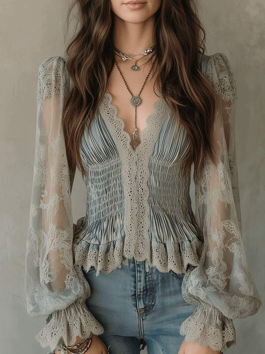 Vintage Bohemian Dusty Blue Lace Peplum Blouse