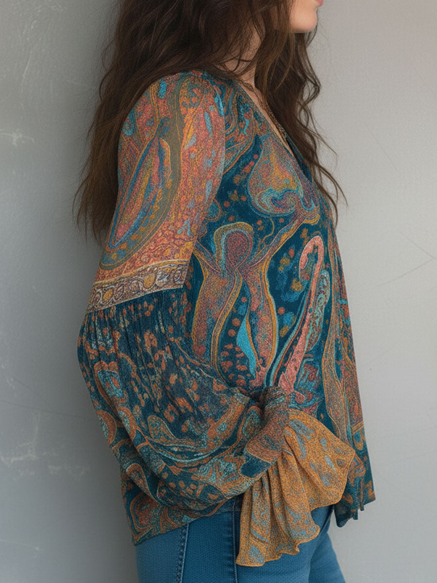 Bohemian Teal & Amber Paisley Chiffon Blouse With Ruffled Cuffs