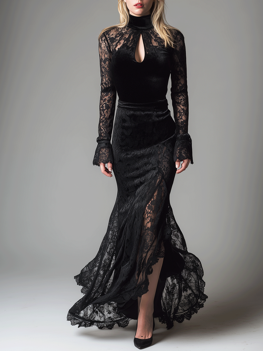 Elegant Lace-Sleeved Velvet Evening Maxi Dress