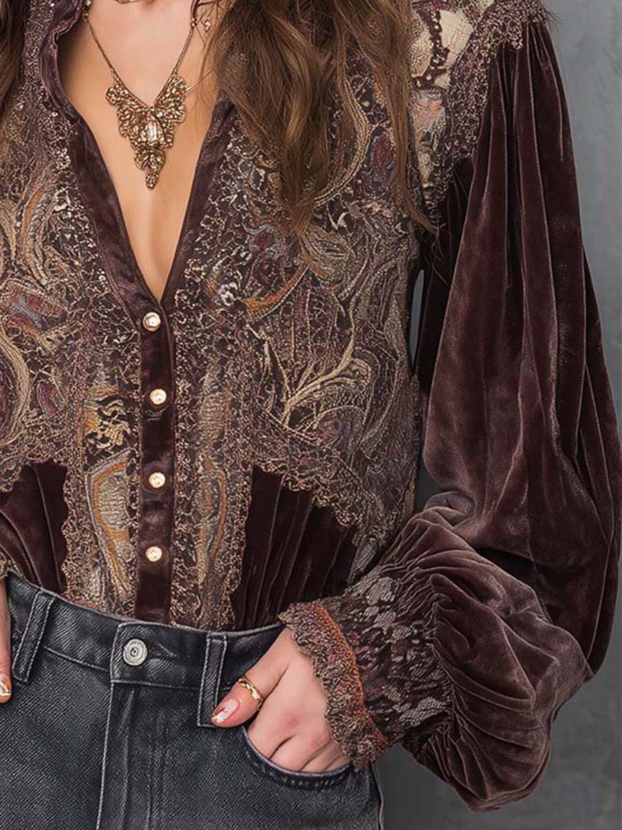 Vintage Velvet Paisley Blouse With Lace Trim