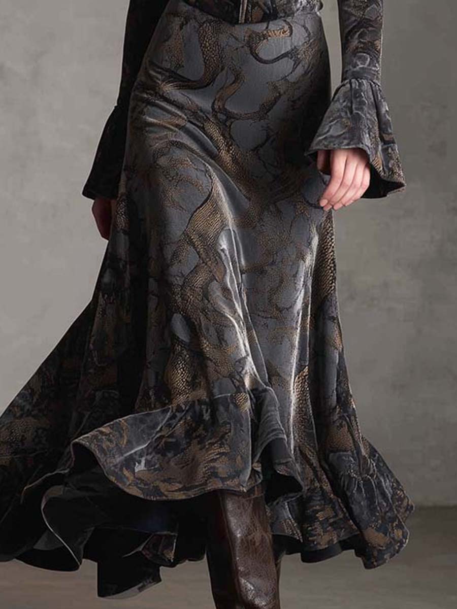 Vintage Snake-Print Velvet Maxi Dress