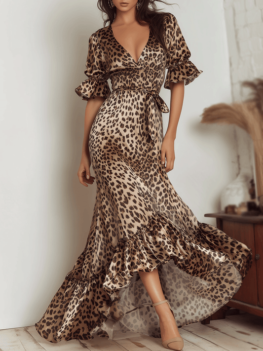 Elegance Leopard Satin Ruffle Maxi Dress