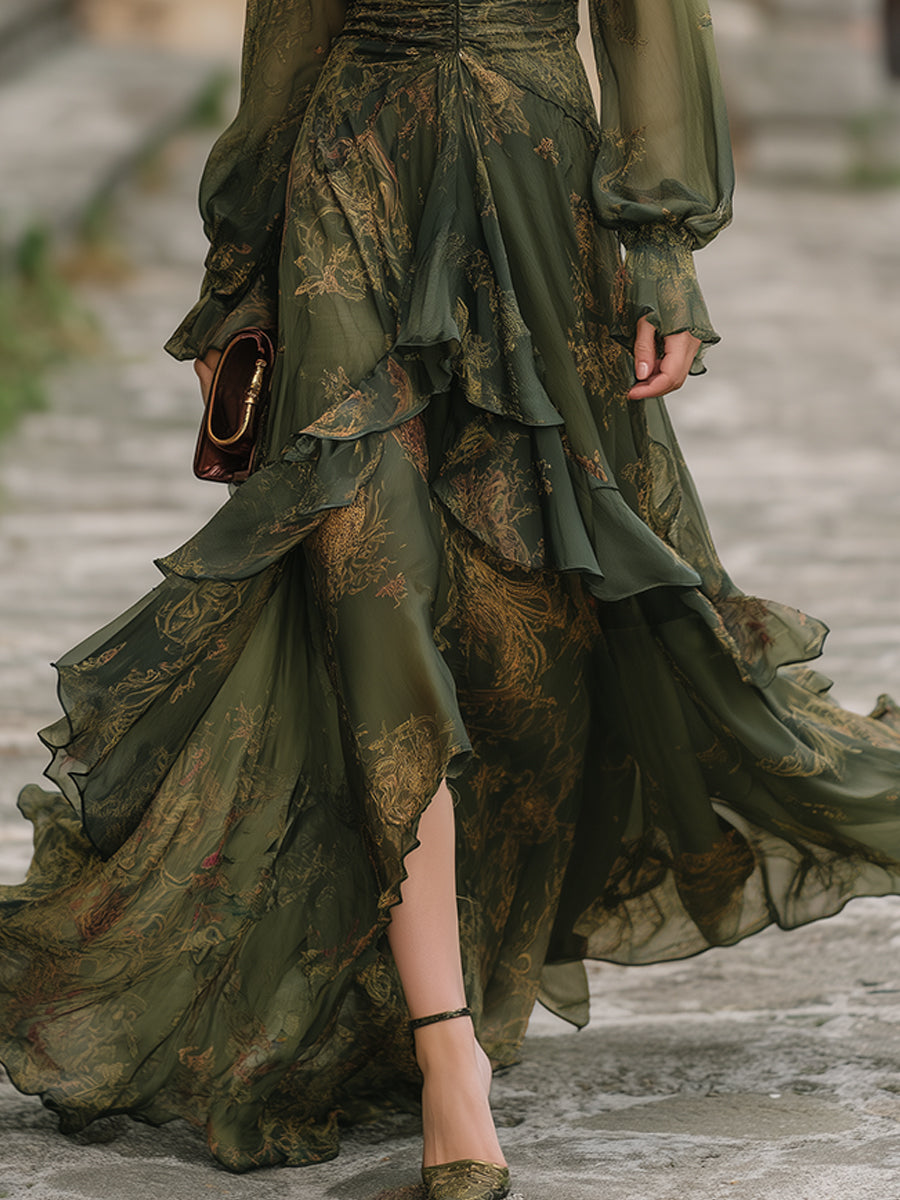 Bohemian Holiday Multi-layered Ruffle Hem Floral Chiffon Maxi Dress