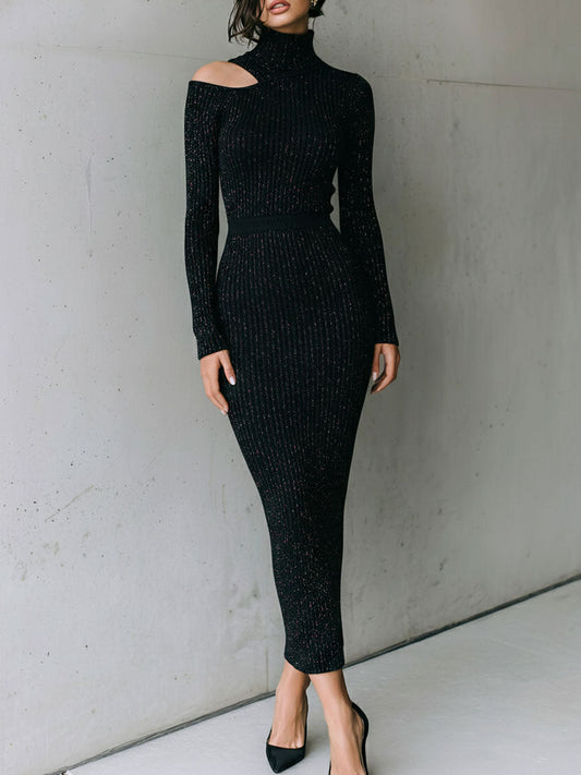 Quiet Lurex Black Glitter Ribbed Knit Dress With Asymmetric Shoulder Cutout