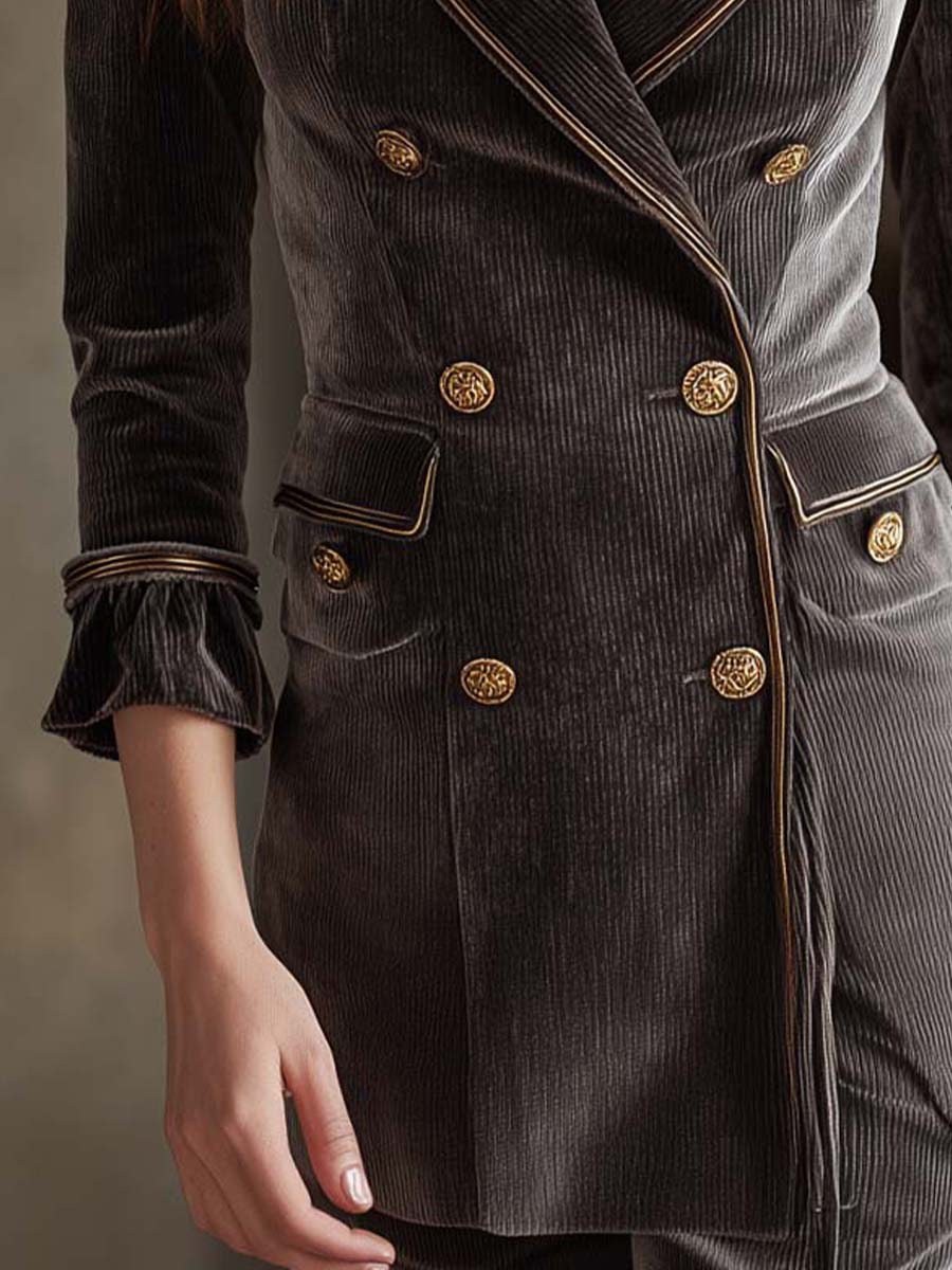 Corduroy Velvet Double-Breasted Blazer With Gold Trim