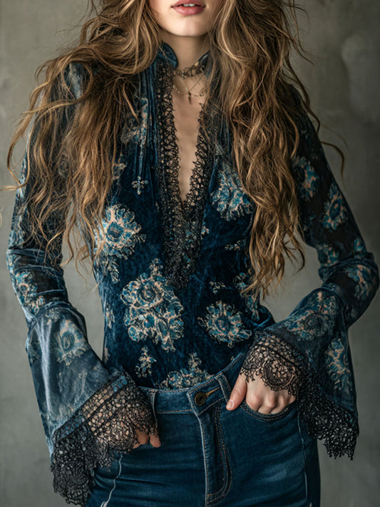 Retro Blue Floral  Velvet Lace Blouse With Bell Sleeves