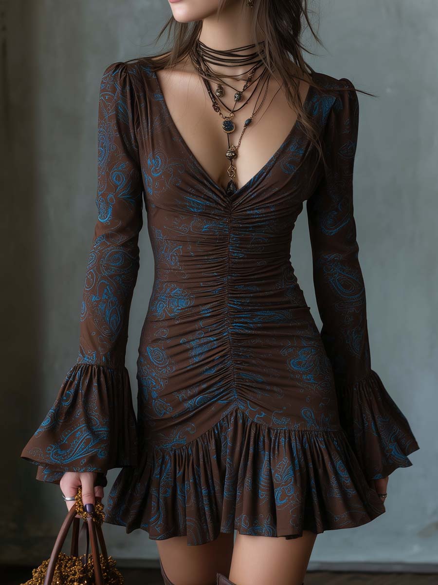 Retro Paisley Ruched Front Mini Dress