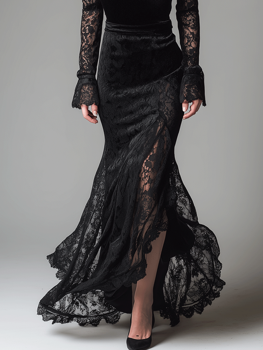 Elegant Lace-Sleeved Velvet Evening Maxi Dress
