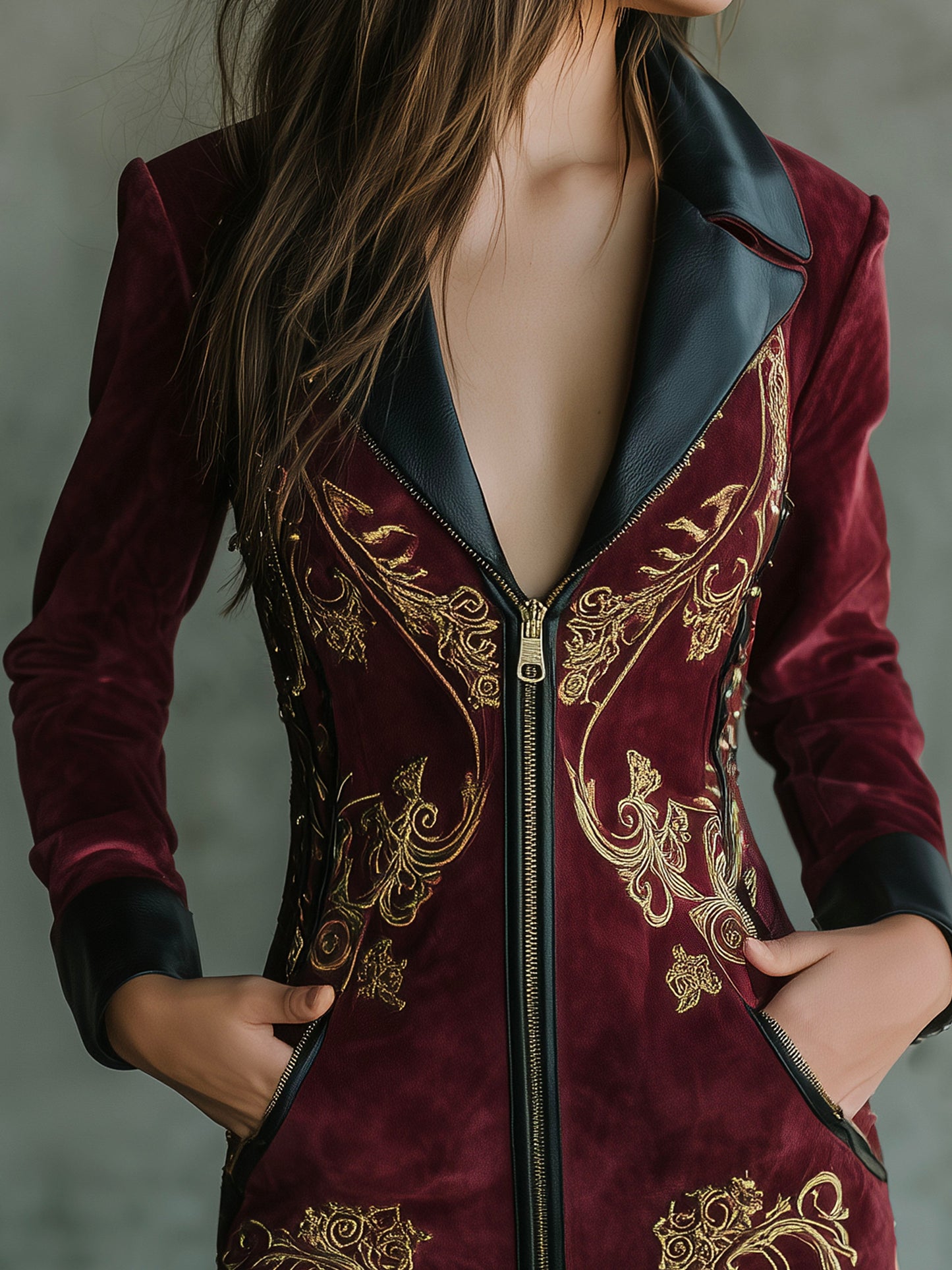 Retro Burgundy Microsuede Gold Baroque Embroidered Dress With Leather Trim