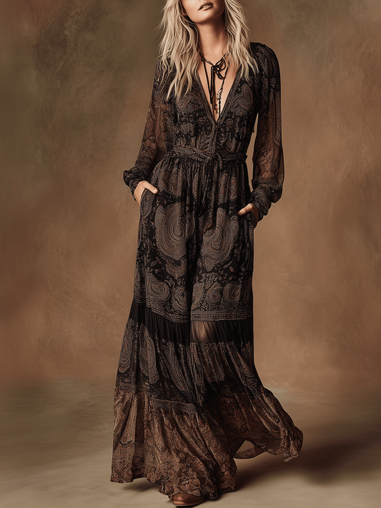 Boho Vintage Lace Flow Midnight Maxi Dress