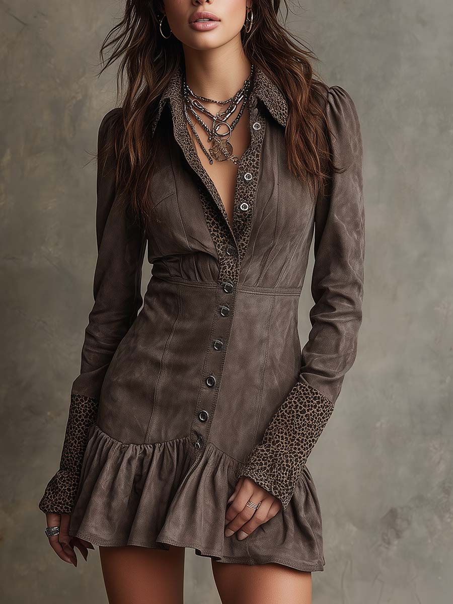 Eco-Suede Mini Dress With Leopard Trim And Ruffled Hem