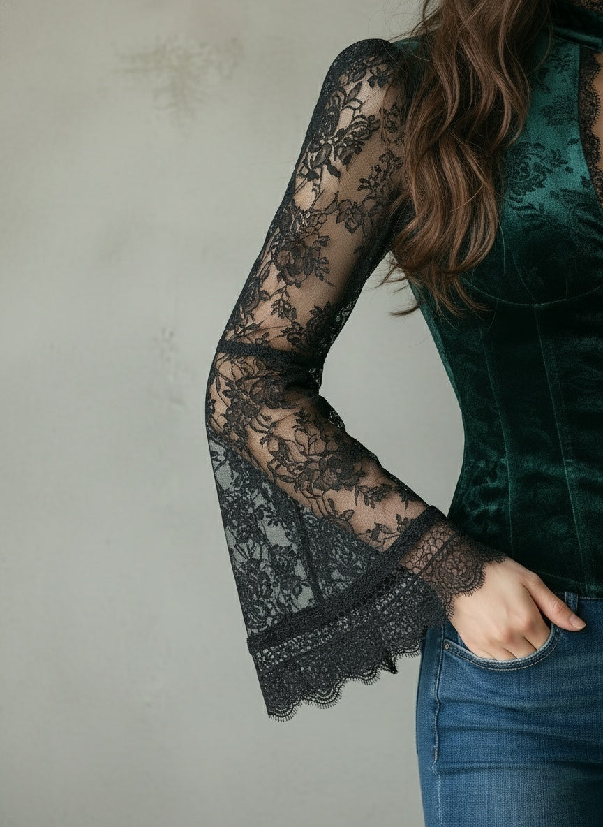 Emerald Victorian Lace & Velvet Blouse