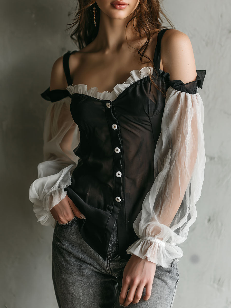 Retro Black Off-Shoulder White Organza Sleeves Blouse White Buttons