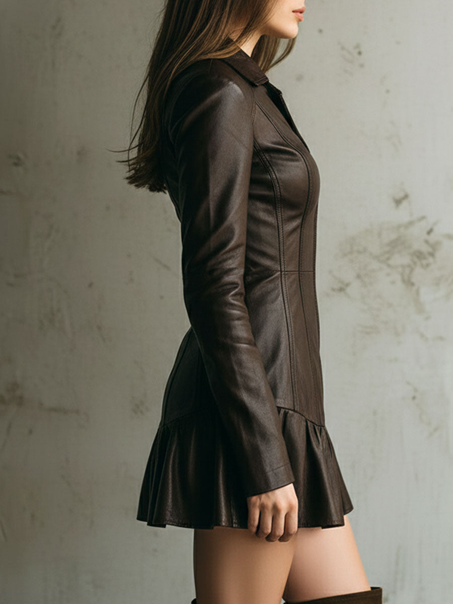 Brown Eco Leather Fitted Zip-Up Mini Dress With Flared Hem