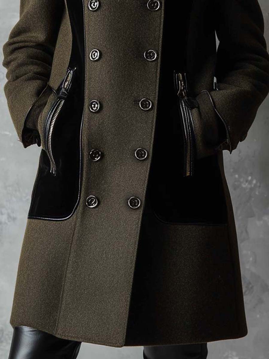 Military Green Wool-Blend Coat With Black Contrast Panels