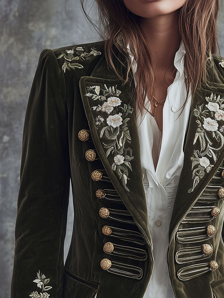 Vintage Olive Green Velvet Military Blazer With Floral Embroidery