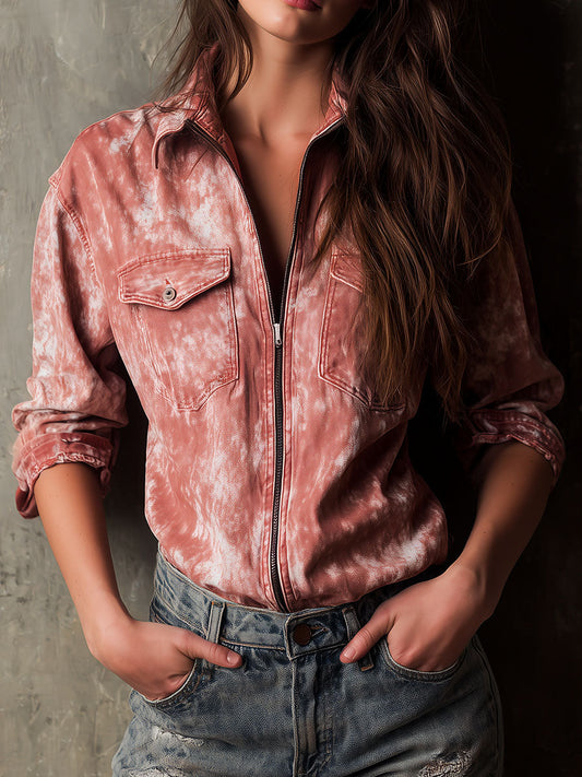 Vintage Wash Rose Tie-Dye Denim Zip Shirt