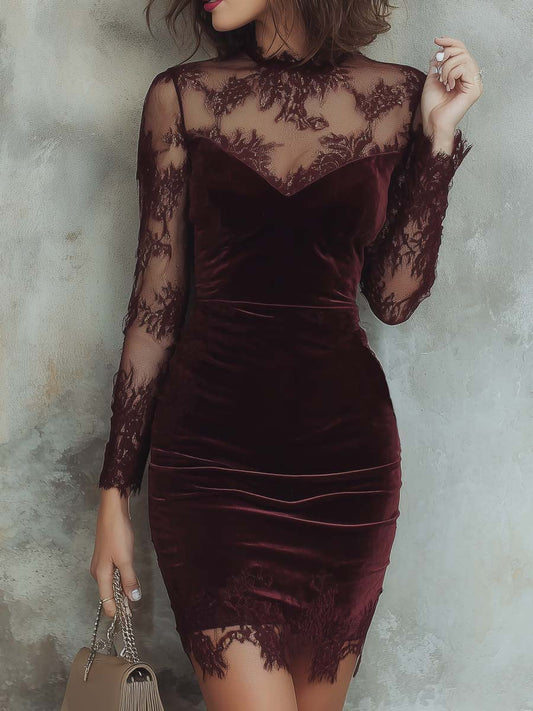 Vintage Lace Trim Polyester Velvet Mini Dress